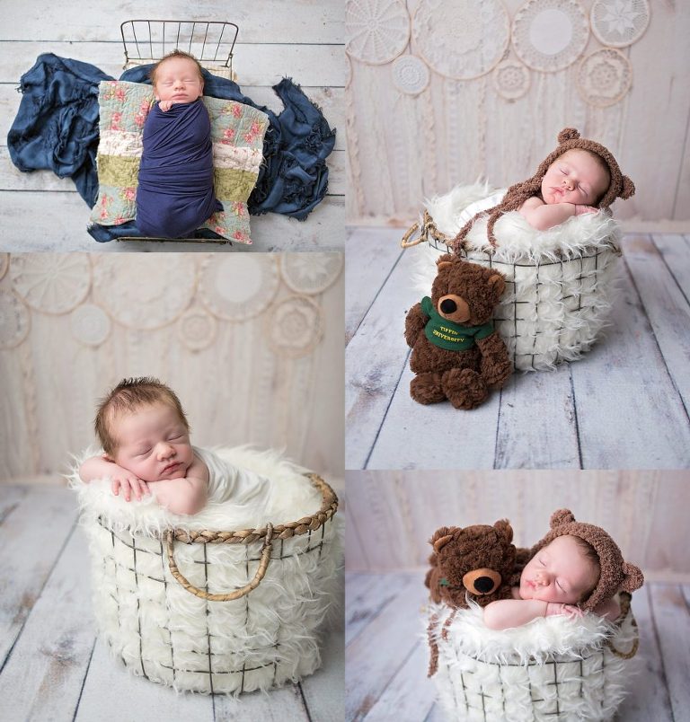 Orland Park Newborn Studio Photography Baby in Basket with Teddy Hair
